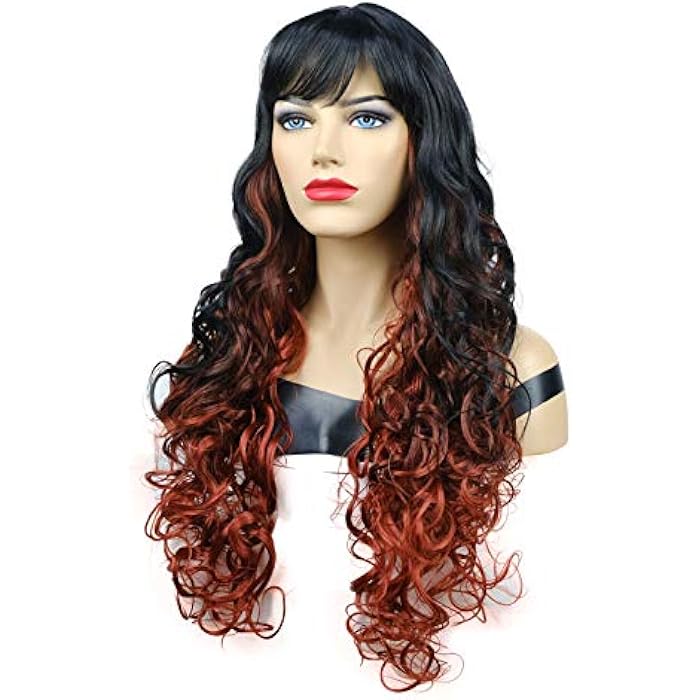 DILLARDS Onemily Natural Wave Wigs With Bangs Very Long Wavy Wig Layered Loose Curly Synthetic Wigs For Women For Daily Wear 28 Inches Fox Red Black Mix - Image 4